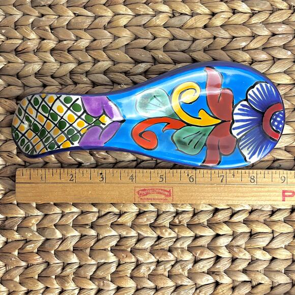 VTG Mexican Talavera Pottery Spoon Rest Colorful Floral Handcrafted Turquoise - Picture 6 of 6